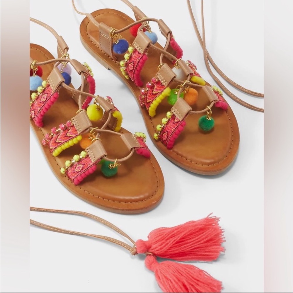 Express tie up colorful Pom Pom tassel Aztec sandals